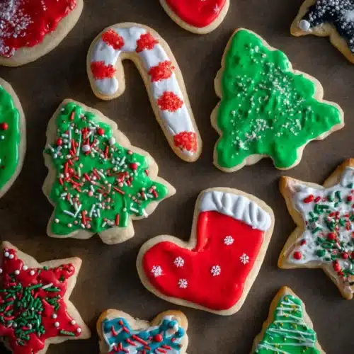 Decorated Christmas sugar cookies with icing and sprinkles on a dark background