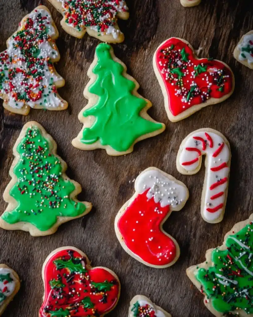 Decorated Christmas sugar cookies with icing and sprinkles on wooden table
