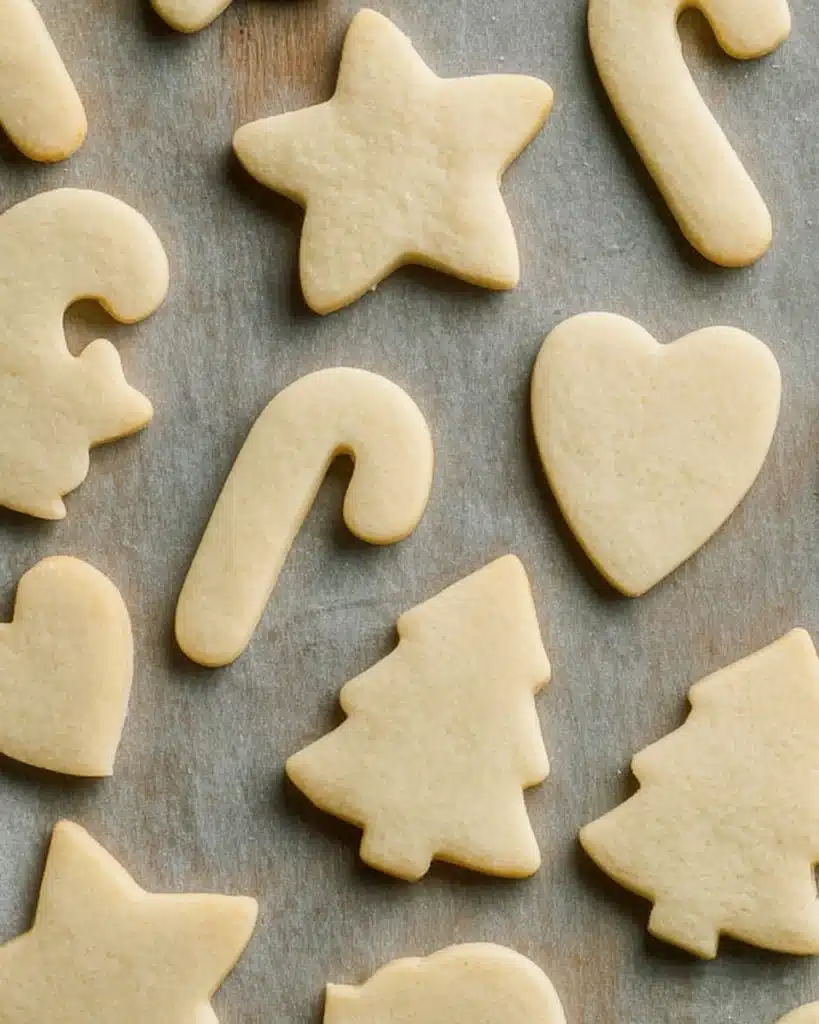 Unfrosted Christmas sugar cookies on baking sheet before decorating