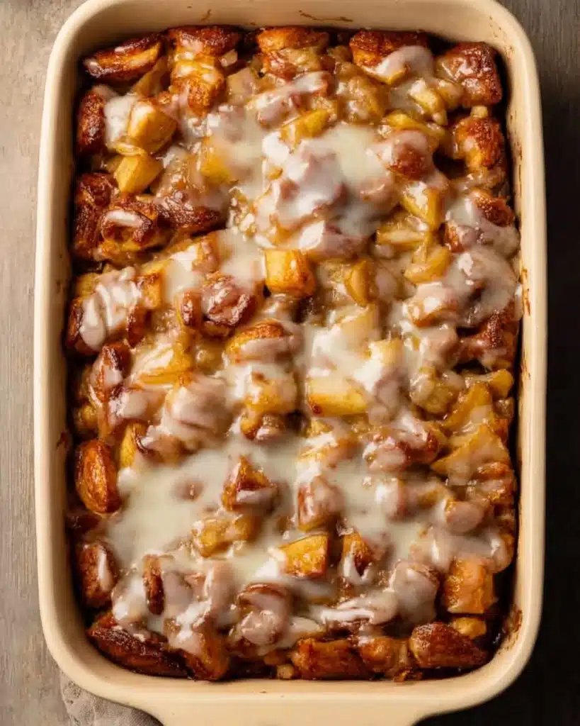 Baked cinnamon rolls and apple pie filling topped with vanilla icing