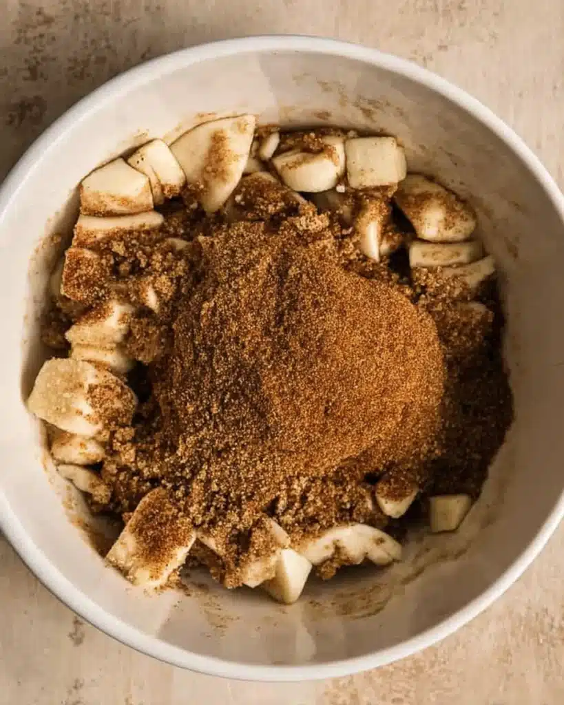 Cinnamon roll dough pieces with brown sugar and cinnamon for cinnamon rolls and apple pie filling