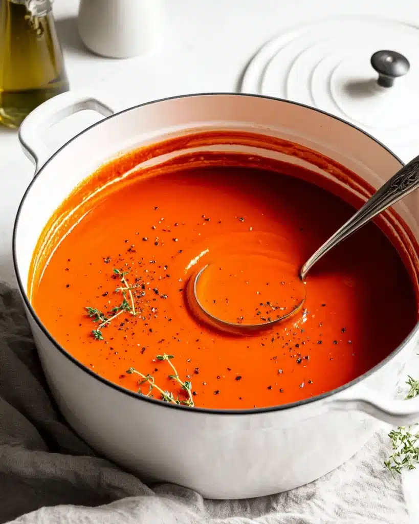 Creamy tomato soup in a white pot with thyme and pepper garnish