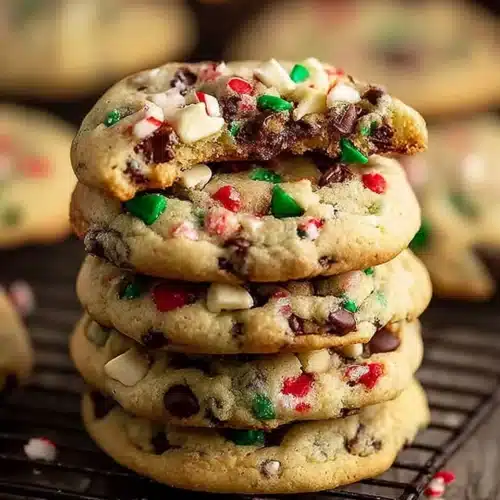 Stack of peppermint chocolate chip Christmas cookies ready in 30 minutes