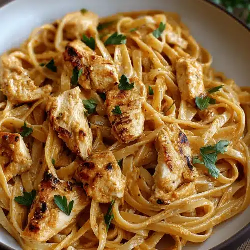 Cowboy Butter Chicken Linguine with tender chicken, fresh parsley, and a glossy orange sauce.