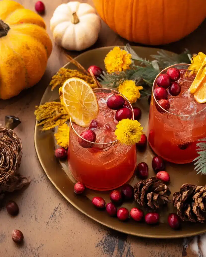 Cranberry orange prosecco punch in glasses with cranberries, oranges, and fall decor