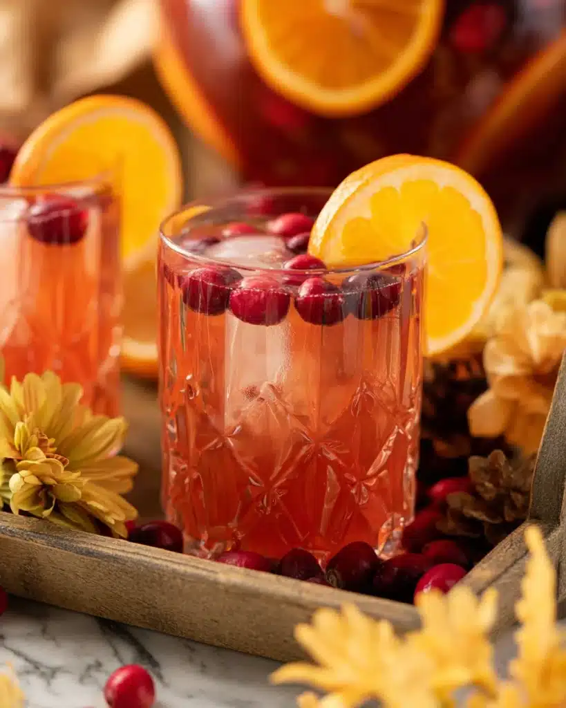 Close-up of cranberry orange prosecco punch with citrus and cranberries in a glass