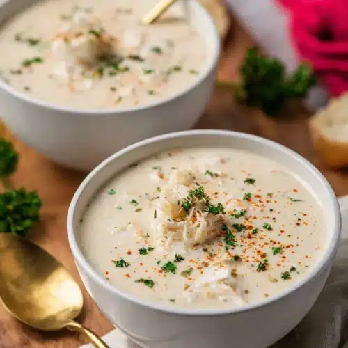 Cream of Crab Soup in white bowls topped with crab meat, parsley, and Old Bay seasoning