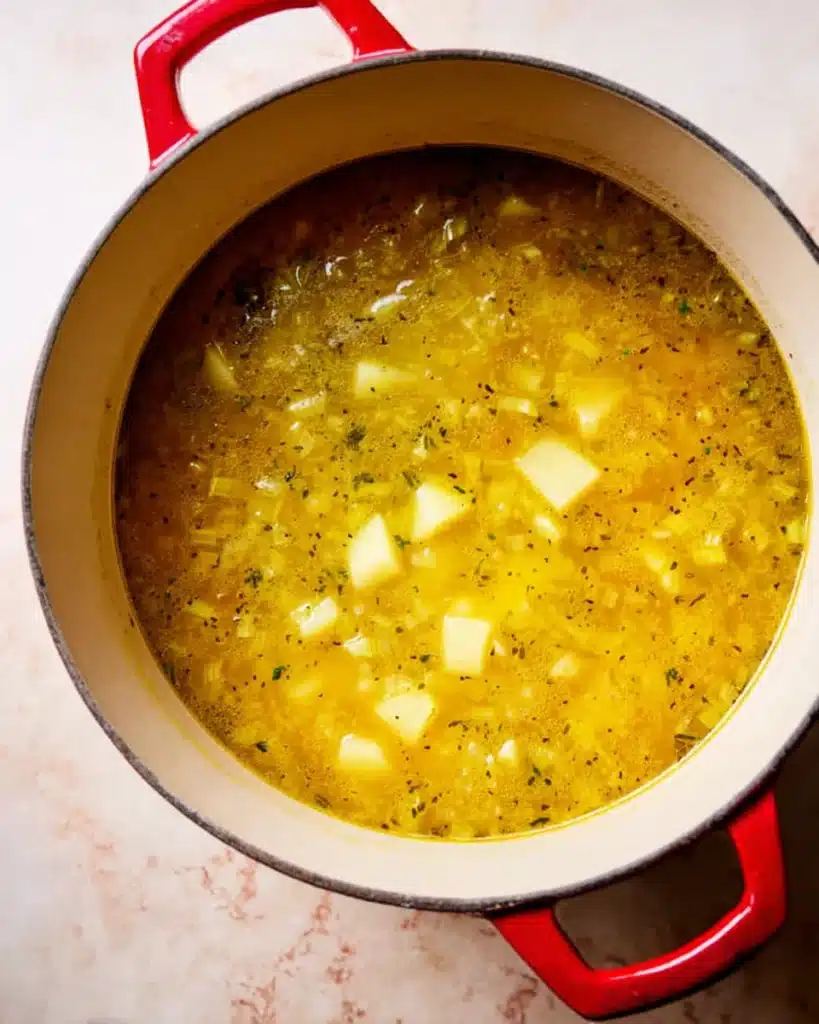 Golden leek and potato soup simmering in Dutch oven for creamy leek and chicken soup
