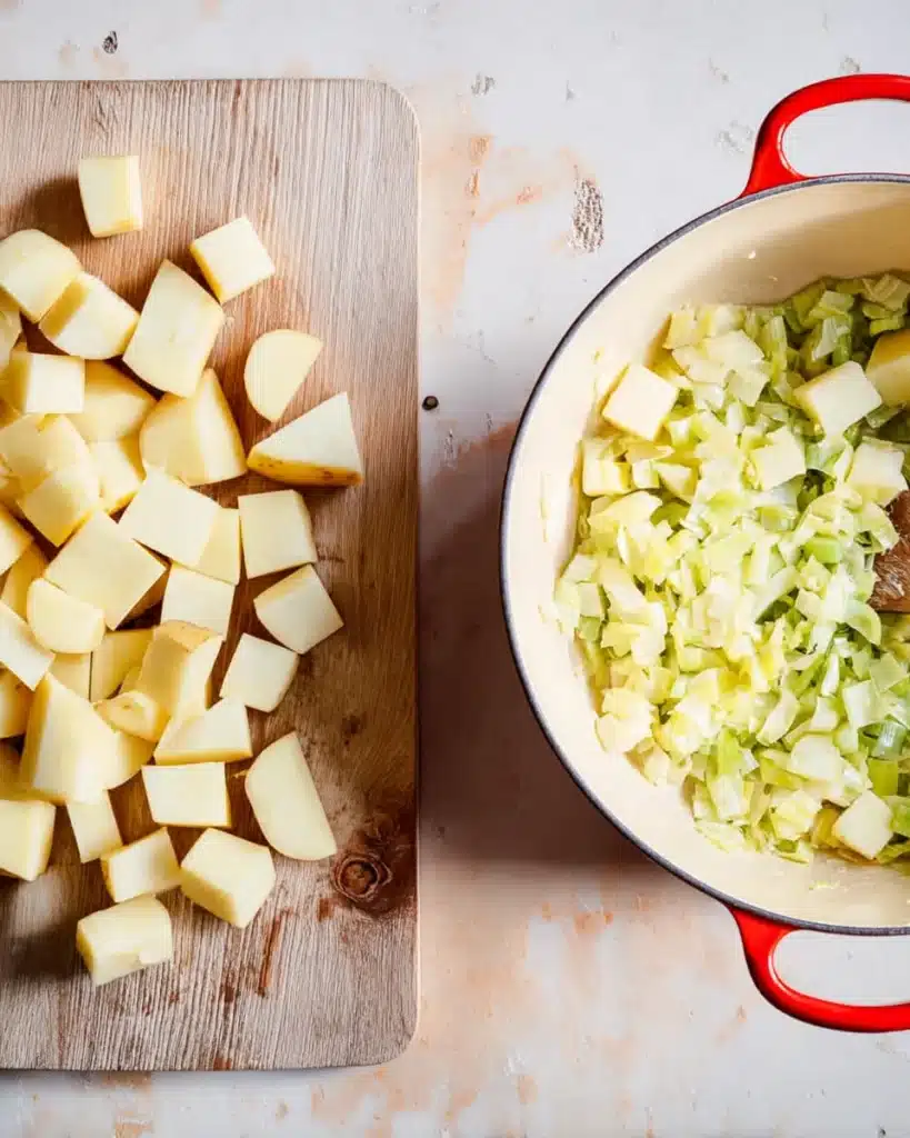 Chopped potatoes and leeks in Dutch oven for creamy leek and chicken soup