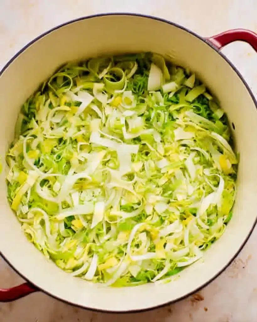 Sautéed sliced leeks in a Dutch oven for creamy leek and chicken soup