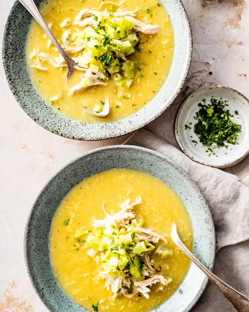 Creamy leek and chicken soup in rustic bowls with herbs and linen napkin