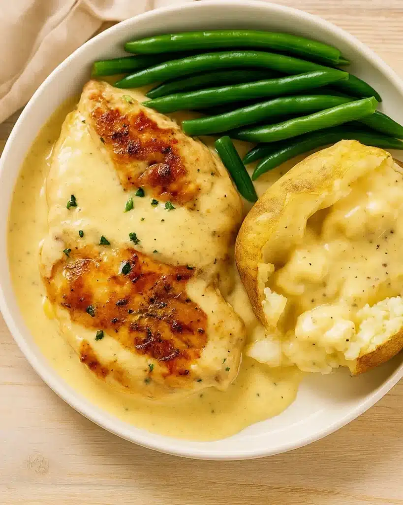 Creamy ranch chicken with green beans and baked potato on a white plate