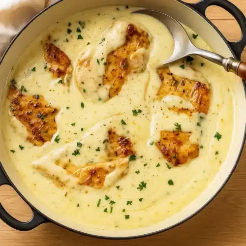 Creamy ranch chicken with green beans and baked potato on a white plate