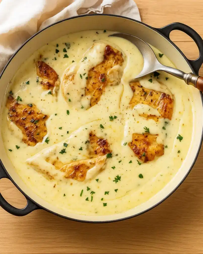 Creamy ranch chicken with green beans and baked potato on a white plate