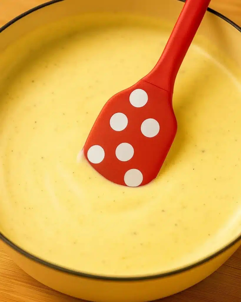Creamy ranch sauce in a saucepan with a red spatula