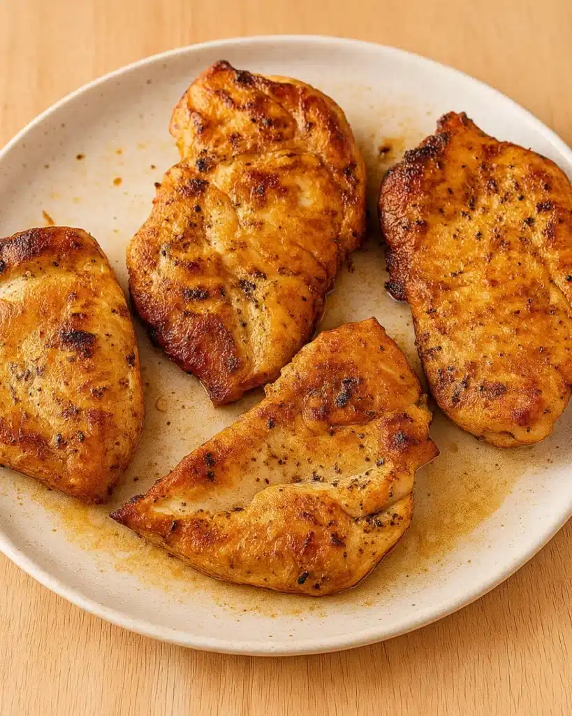 Golden seared chicken breasts on a beige plate for creamy ranch chicken recipe