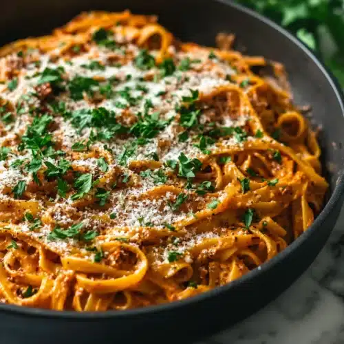 Creamy sun-dried tomato vegan pasta topped with parsley and vegan parmesan