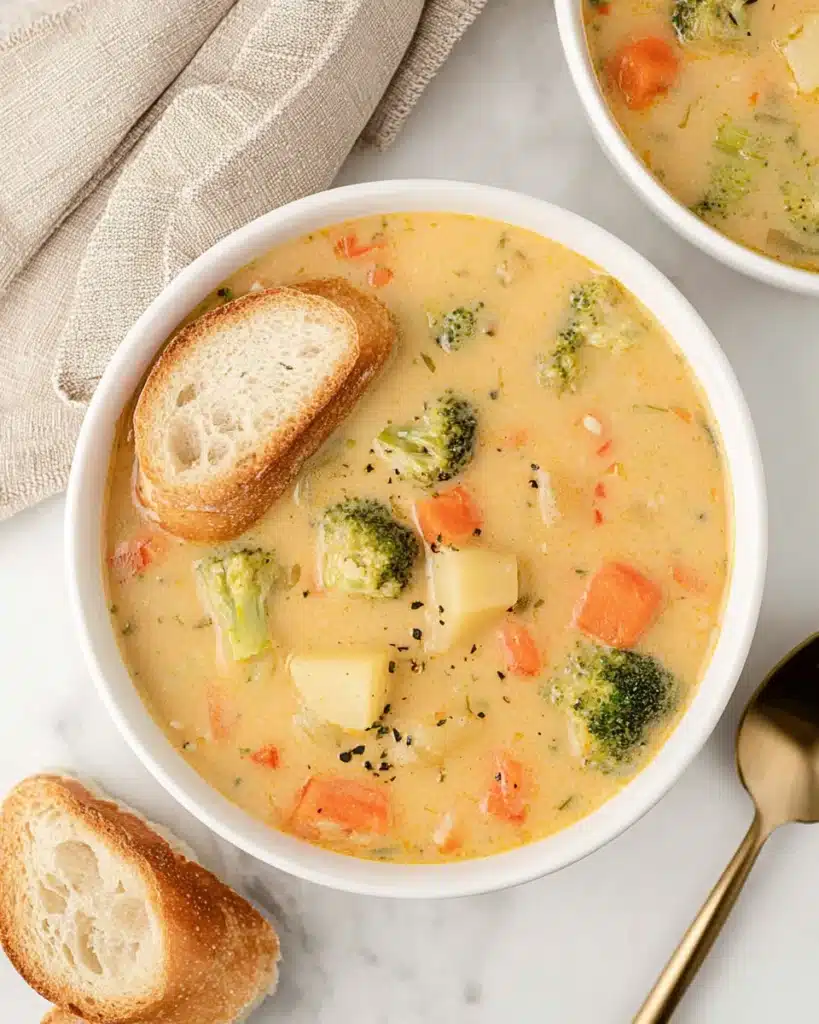 Creamy Vegetable Soup 1 Bowl of creamy vegetable soup with carrots, potatoes, broccoli, and crusty bread on marble surface