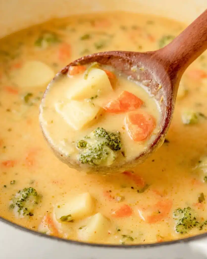 Creamy Vegetable Soup 6 Wooden ladle lifting creamy vegetable soup with carrots, potatoes, and broccoli