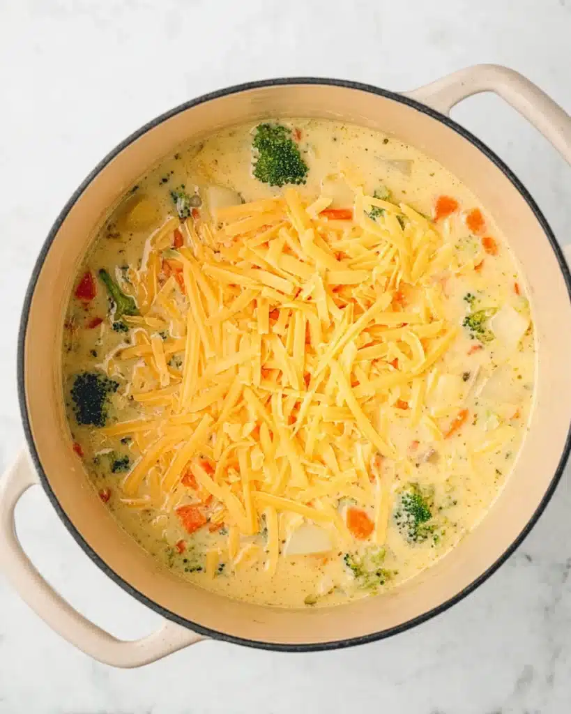 Creamy Vegetable Soup 5 Shredded cheddar cheese added to creamy vegetable soup with carrots, broccoli, and potatoes in a Dutch oven