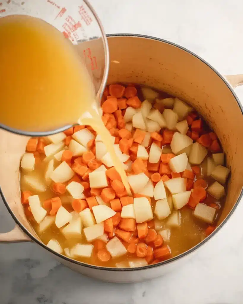 Creamy Vegetable Soup 3 Pouring vegetable broth over diced potatoes and carrots in a Dutch oven for creamy vegetable soup