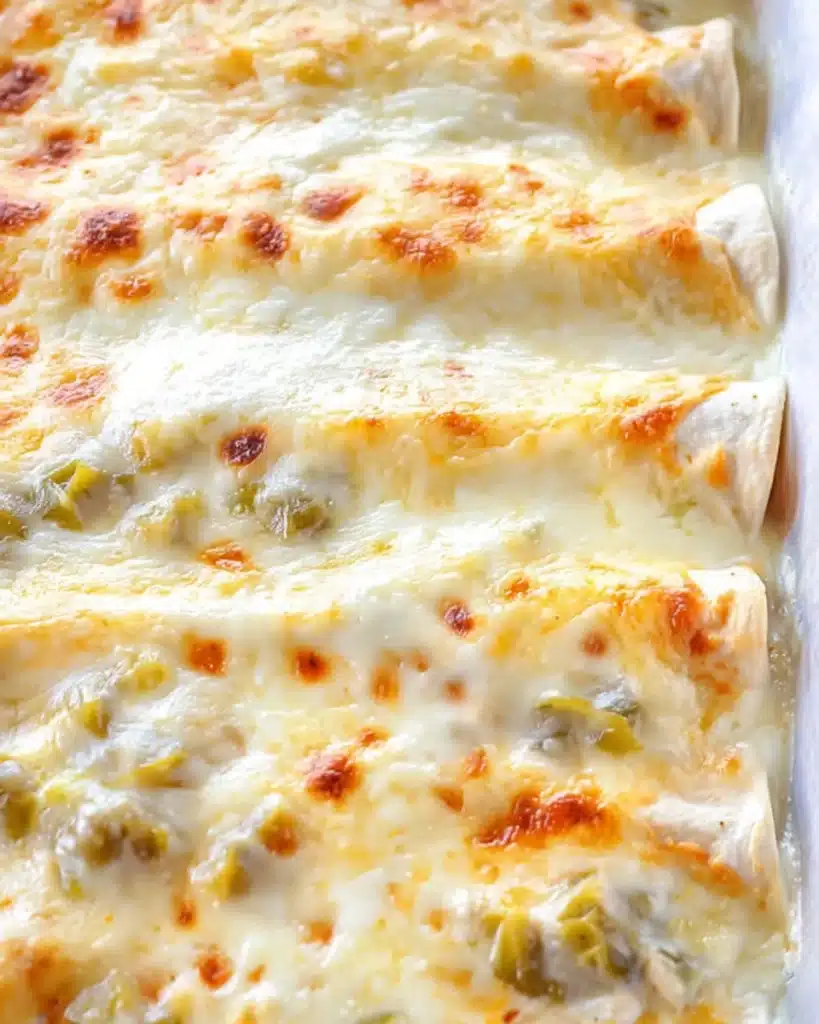 Baked creamy white chicken enchiladas topped with golden melted cheese and green chiles