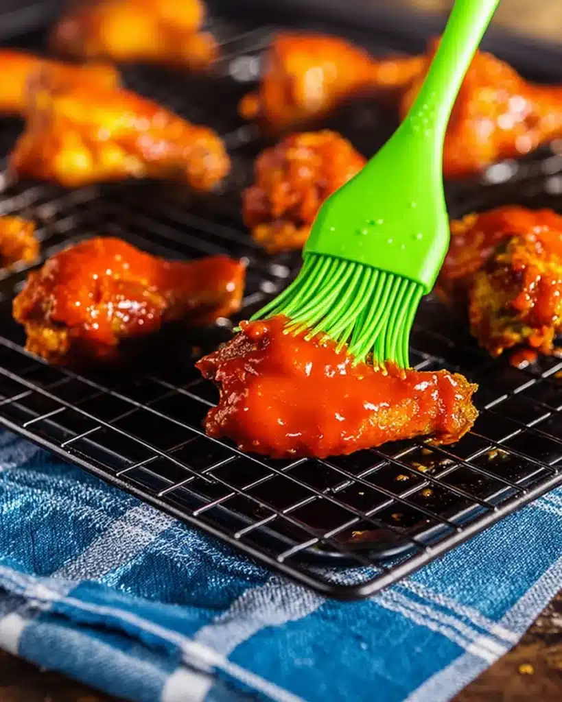 brushing buffalo sauce on crispy baked wings with green brush