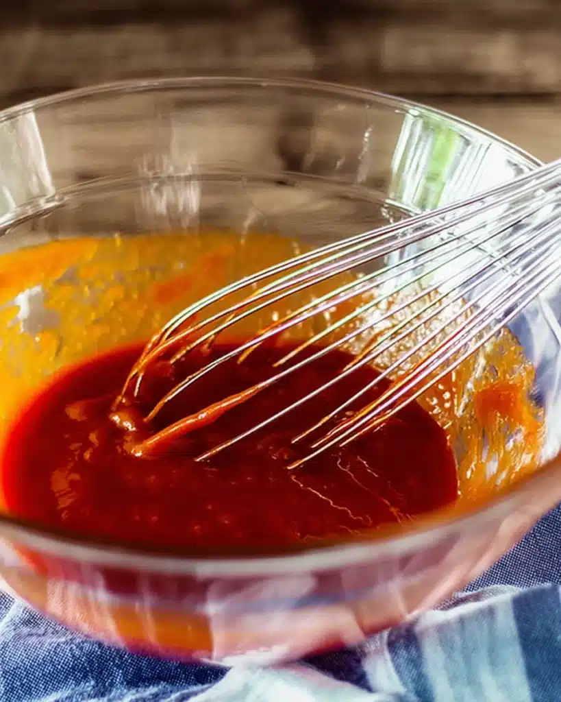 whisk mixing glossy buffalo sauce in a glass bowl