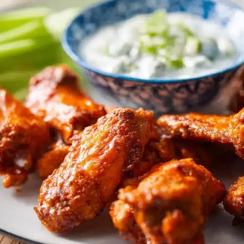 crispy baked buffalo wings with buffalo sauce and blue cheese dip