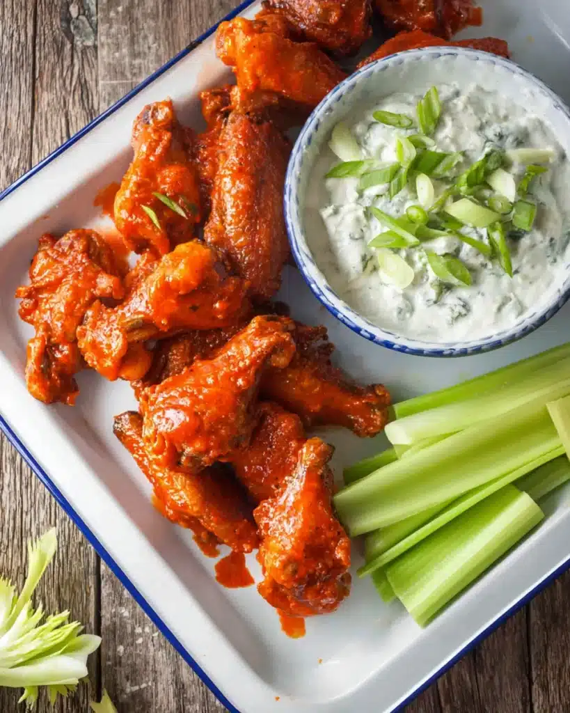 crispy baked buffalo wings with blue cheese dip and celery sticks