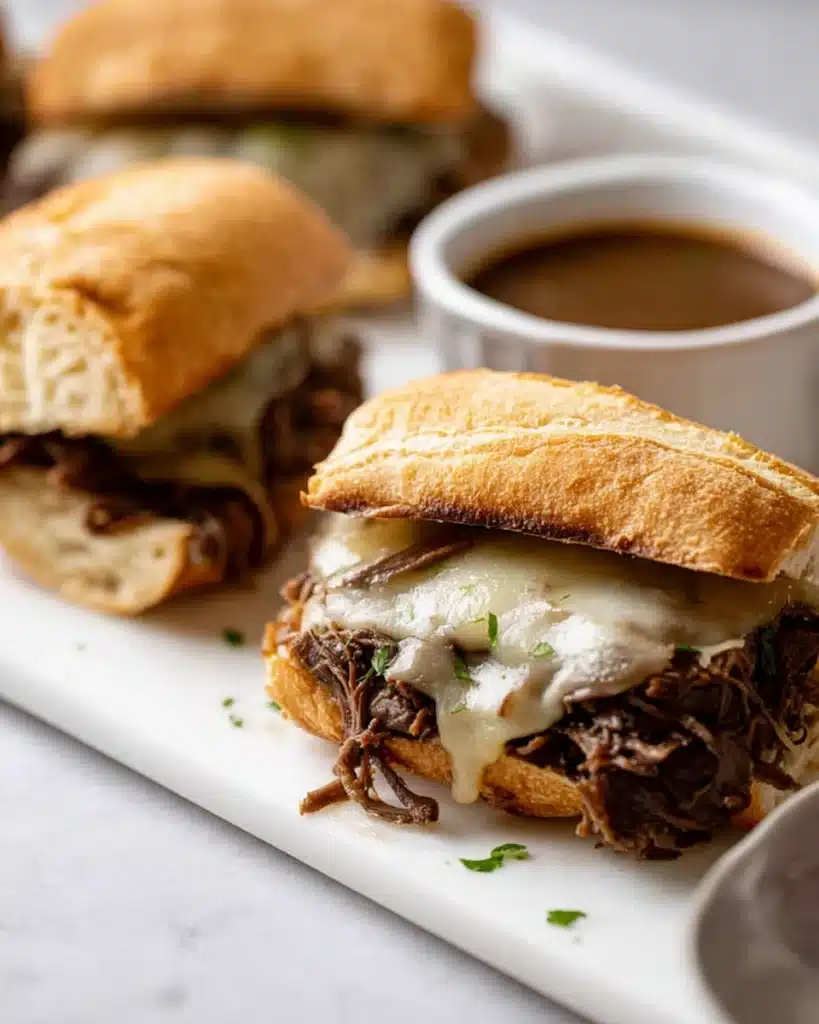 Crockpot French Dip Sandwiches with melted cheese and au jus on tray