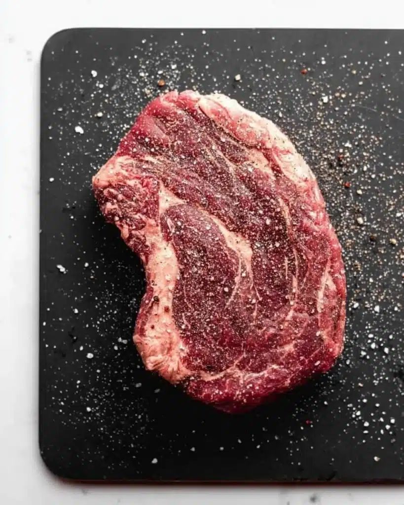 Raw beef chuck roast seasoned with salt and pepper on black cutting board