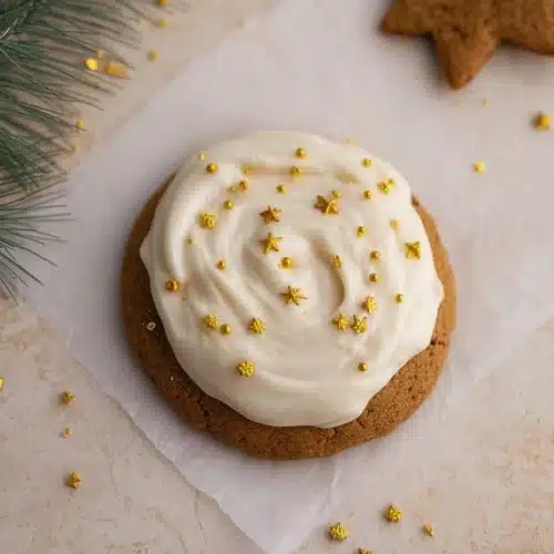 Crumbl gingerbread cookies with cream cheese frosting and gold star sprinkles on a beige background