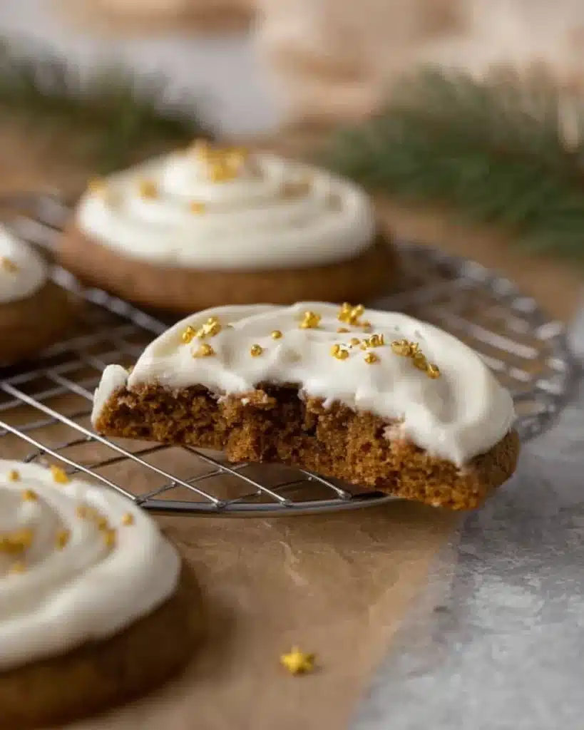 Soft Crumbl gingerbread cookie halves with frosting and gold star sprinkles on a cooling rack