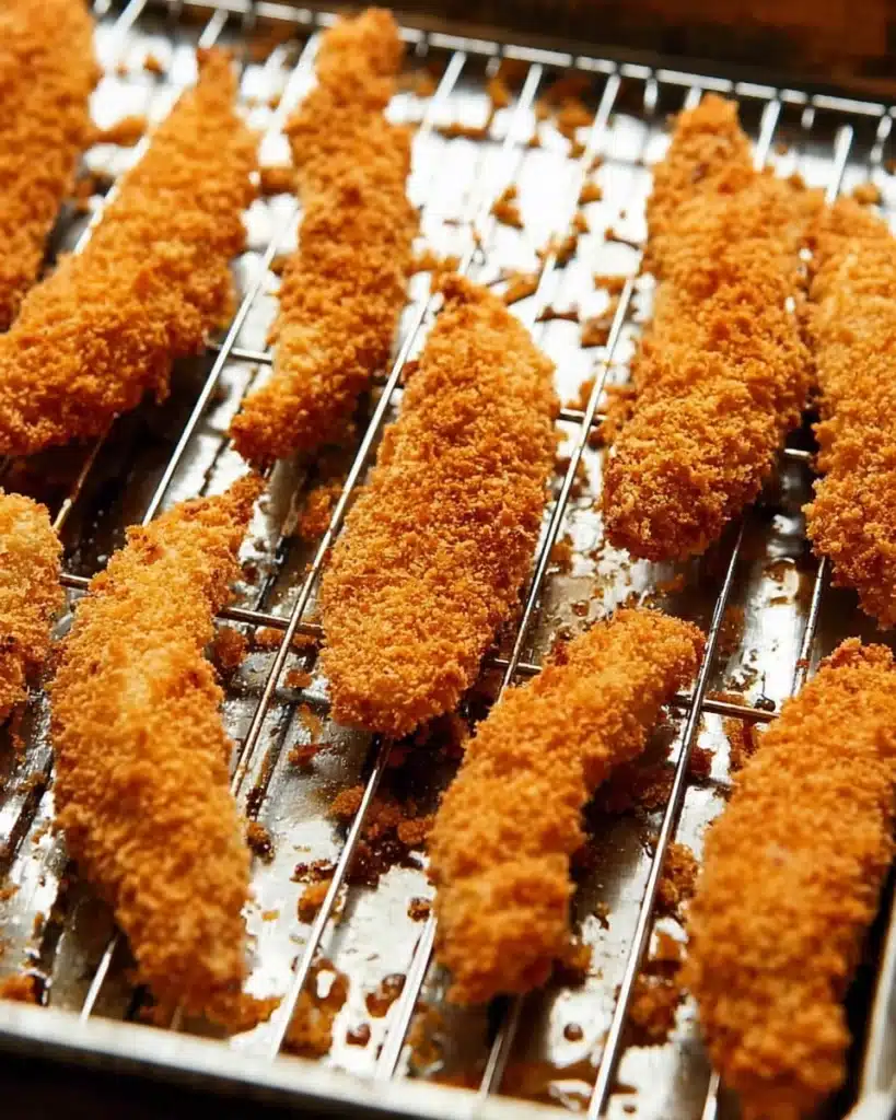 Crispy baked crunchy chicken taco fingers on a wire rack