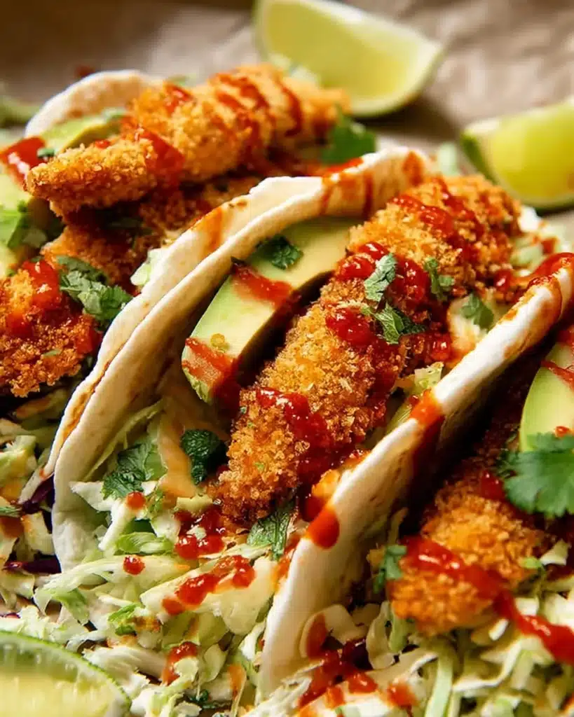 Crunchy chicken taco fingers with avocado, slaw, and sriracha in soft tortillas