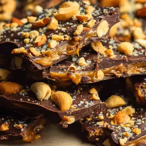 Chocolate Date Snickers topped with chopped peanuts and peanut butter layers in a close-up dessert shot.