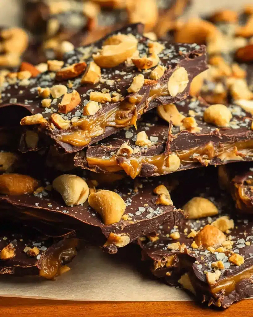 Chocolate Date Snickers topped with chopped peanuts and peanut butter layers in a close-up dessert shot.