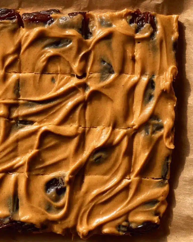 Peanut butter spread over a flattened date layer to make Date Snickers.