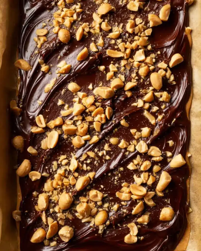 Melted chocolate topped with chopped peanuts on a Date Snickers bark base.