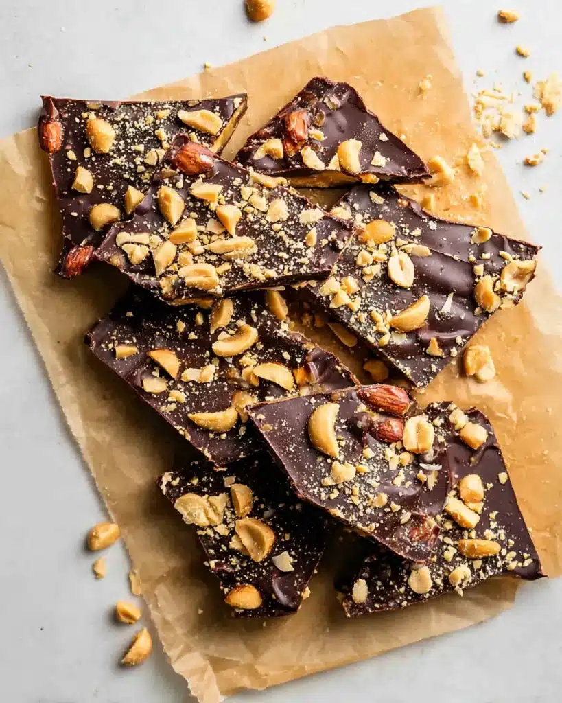 Sliced Date Snickers bark with chocolate and chopped peanuts on parchment paper.