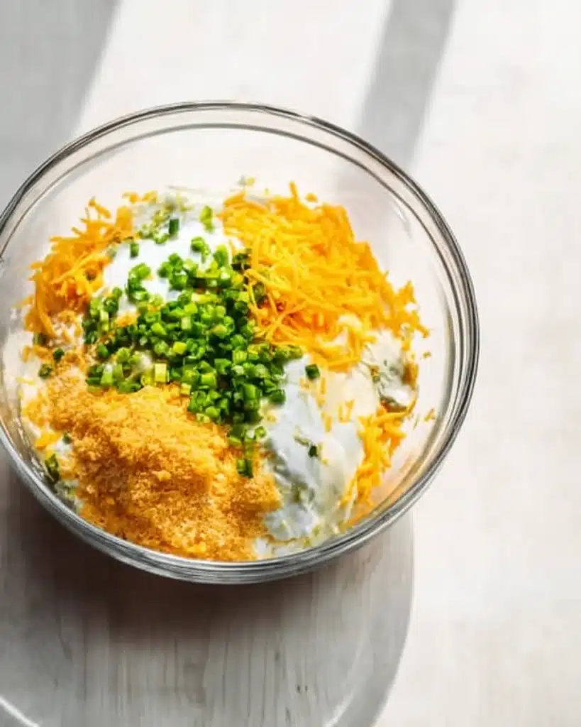 Easy Cheesy Potatoes (Perfect for Christmas or Any Holiday Gathering) 2 Mixing bowl with cheddar, sour cream, scallions, and butter for easy cheesy potatoes