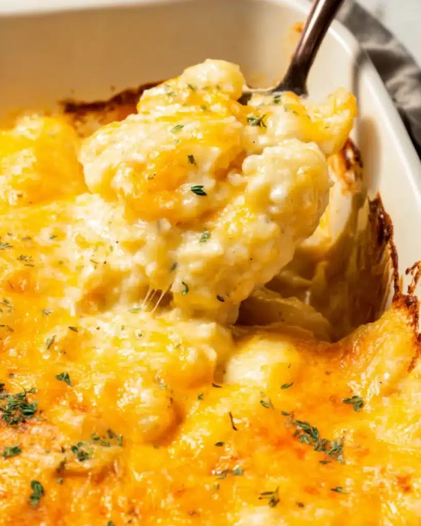 Easy Cheesy Potatoes (Perfect for Christmas or Any Holiday Gathering) 5 Spoonful of creamy easy cheesy potatoes with melted cheese topping