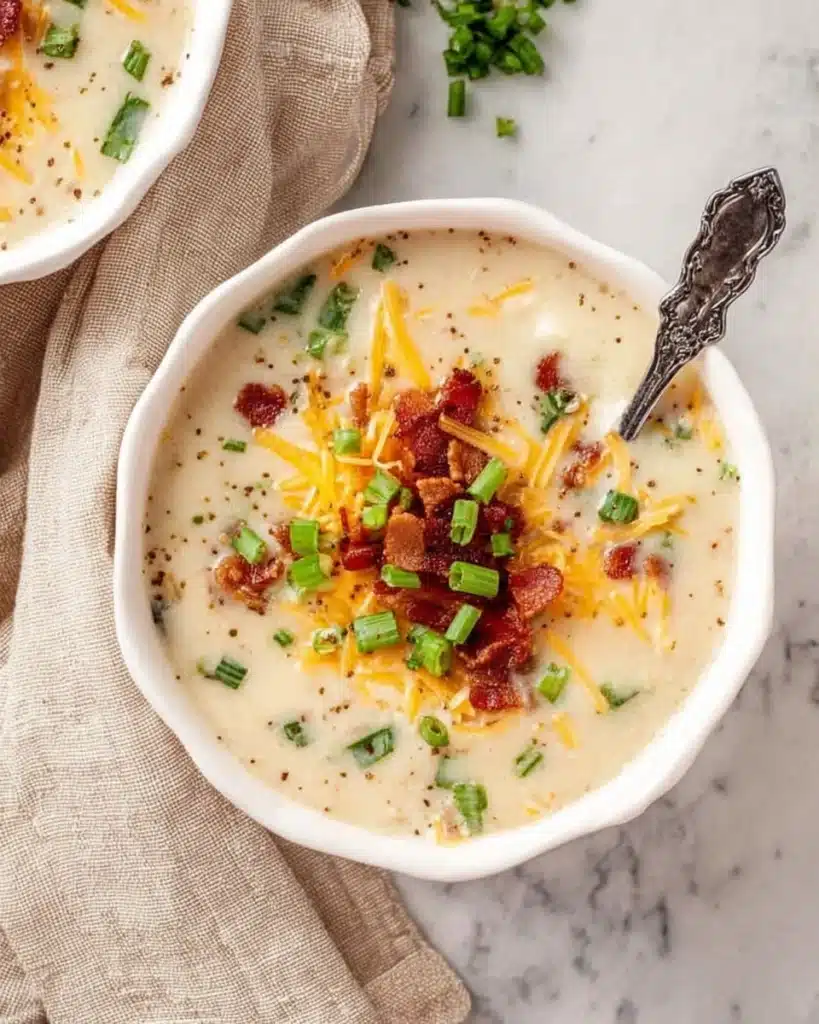 Bowl of creamy crockpot potato soup topped with bacon, cheese, and green onions