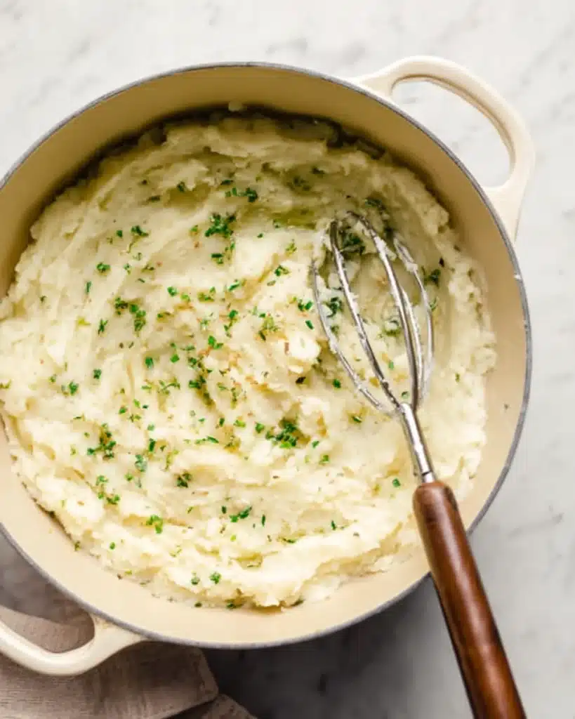 Mashed garlic potatoes in a pot with herbs and a potato masher
