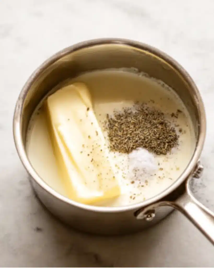 Butter, cream, and seasoning in a saucepan for garlic mashed potatoes