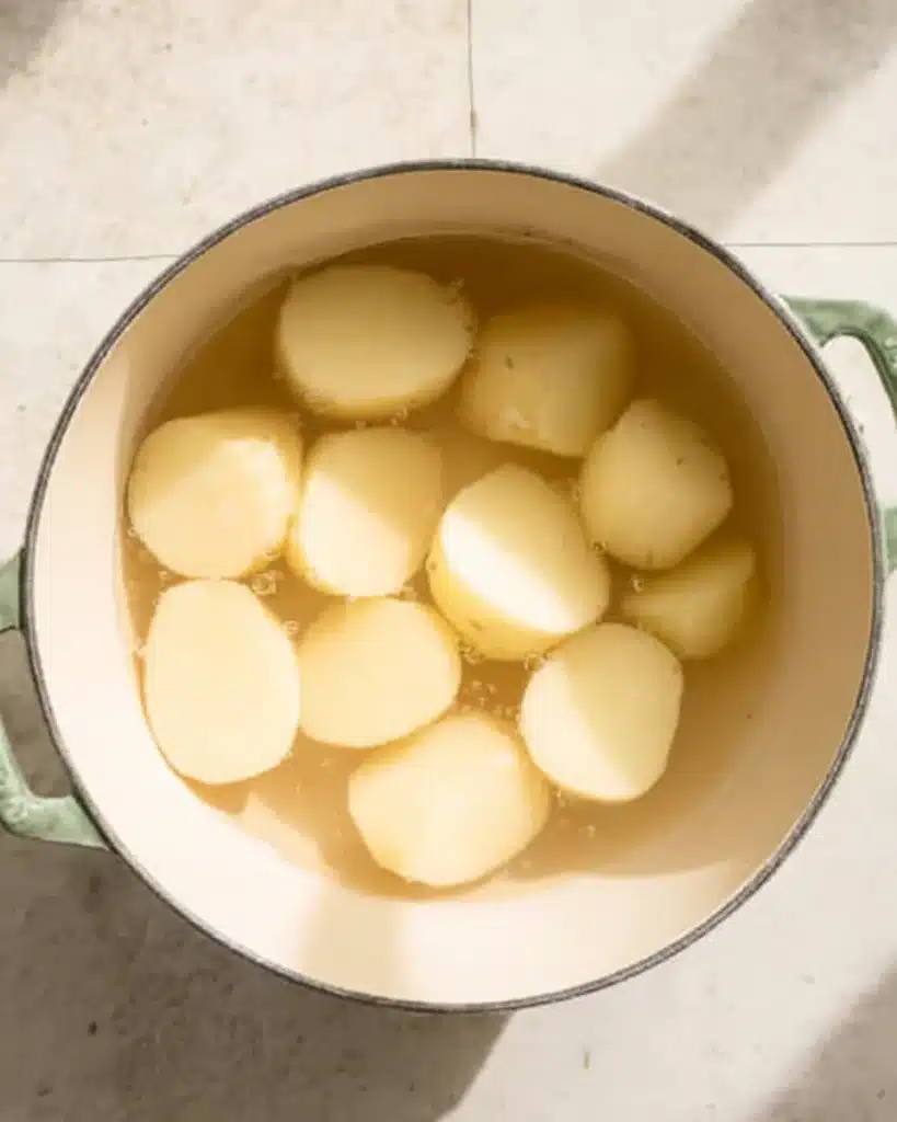 Peeled potatoes soaking in water for easy garlic mashed potatoes
