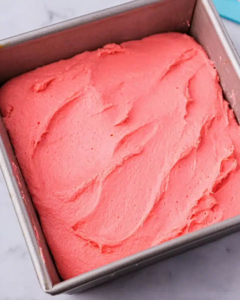 Easy Strawberry Brownies 2 Strawberry brownie batter in a square pan before baking