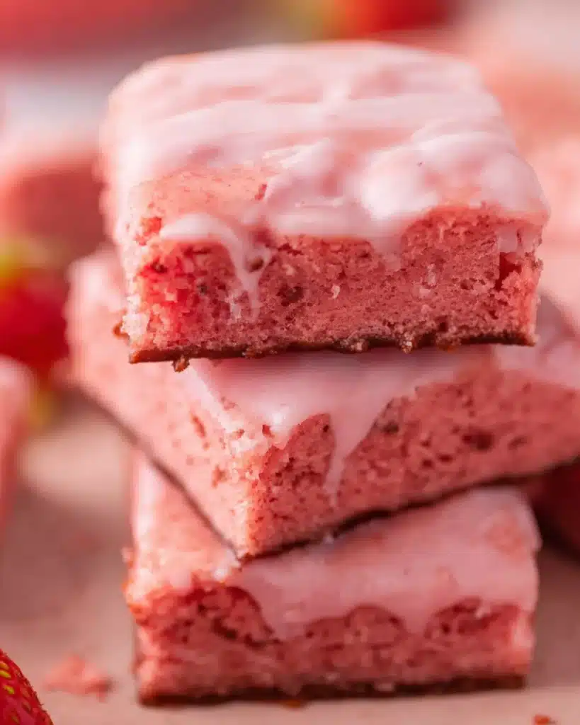 Easy Strawberry Brownies 4 Stack of pink strawberry brownies with glossy glaze on top