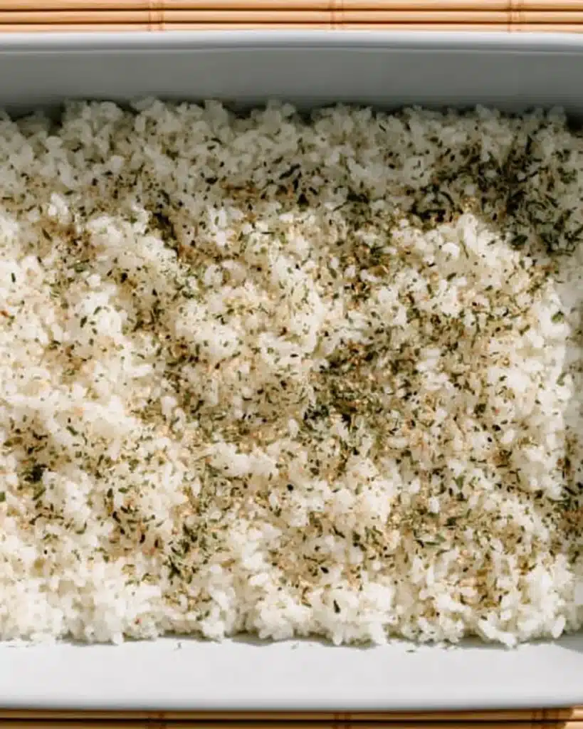 Seasoned sushi rice base with furikake in a white baking dish